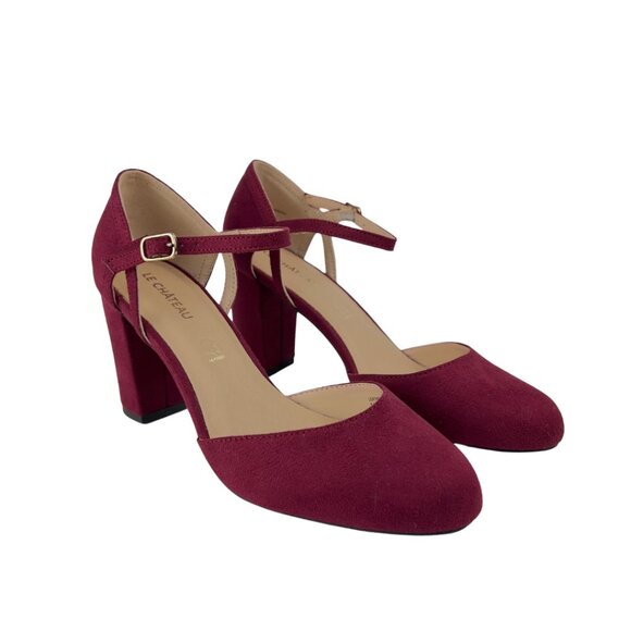 Burgundy Velvet Block Heels with Round Toe and Ankle Strap - Picture 1 of 5